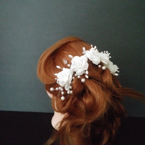 Flower and Crystal Pearl Bridal Crown / Floral Wedding Hair main image 8